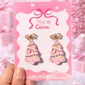 Pink Christmas Tree Earrings Cute Holiday Dangle Earrings Pastel Festive Jewelry